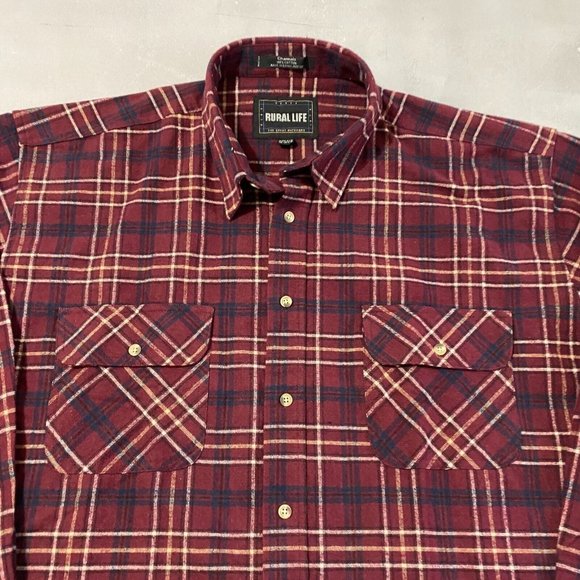Rural Life Shirt Mens 2XL Chamois Flannel VIntage maroon plaid Tartan button up - Picture 2 of 6